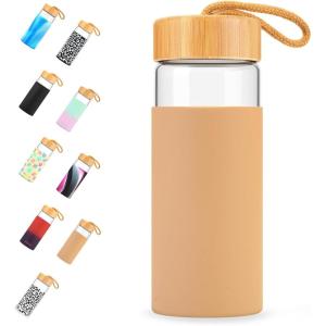 imageTronco 20oz Glass Water Bottles with Bamboo Lid ampamp Silicone Sleeve Leak Proof BPA Free Reusable Borosilicate Glass Bottles for Juicing Smoothies Juice ampamp Water for Men ampamp Women Gym Office TravelAmber