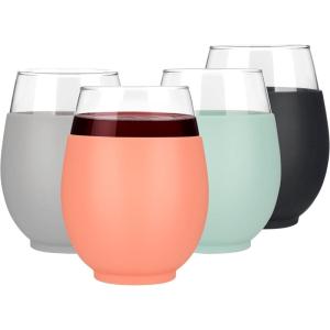 imageTronco 20oz Stemless Wine Glasses Set of 4 Reusable Wine Glasses with Silicone Sleeve Dishwasher Safe ampamp BPAFree for Red ampamp White Wine Cocktails Home Bar Parties Birthdays GiftsBlackLight GrayOrangeLight Green