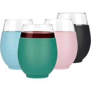imageTronco 20oz Stemless Wine Glasses Set of 4 Reusable Wine Glasses with Silicone Sleeve Dishwasher Safe ampamp BPAFree for Red ampamp White Wine Cocktails Home Bar Parties Birthdays GiftsBlackPinkGreenCape Cod Blue