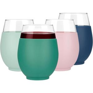 imageTronco 20oz Stemless Wine Glasses Set of 4 Reusable Wine Glasses with Silicone Sleeve Dishwasher Safe ampamp BPAFree for Red ampamp White Wine Cocktails Home Bar Parties Birthdays GiftsLight GreenDenim BluePink Green