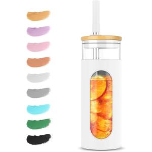 imageTronco 22oz Glass Tumbler with Bamboo Lid and Straw Reusable Iced Coffee Cup for Boba Tea Smoothies ampamp Cold Drinks SpillProof Glass Cup with Silicone Sleeve Dishwasher Safe BPAFree Pack of 1White