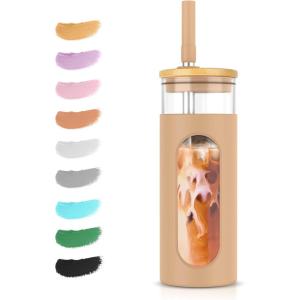 imageTronco 22oz Glass Tumbler with Bamboo Lid and Straw Reusable Iced Coffee Cup for Boba Tea Smoothies ampamp Cold Drinks SpillProof Glass Cup with Silicone Sleeve Dishwasher Safe BPAFree Pack of 1Amber