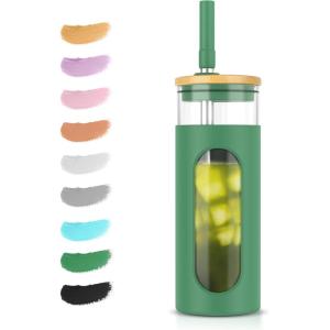 imageTronco 22oz Glass Tumbler with Bamboo Lid and Straw Reusable Iced Coffee Cup for Boba Tea Smoothies ampamp Cold Drinks SpillProof Glass Cup with Silicone Sleeve Dishwasher Safe BPAFree Pack of 1BlackishGreen
