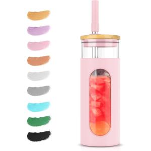 imageTronco 22oz Glass Tumbler with Bamboo Lid and Straw Reusable Iced Coffee Cup for Boba Tea Smoothies ampamp Cold Drinks SpillProof Glass Cup with Silicone Sleeve Dishwasher Safe BPAFree Pack of 1Pink