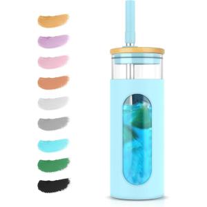 imageTronco 22oz Glass Tumbler with Bamboo Lid and Straw Reusable Iced Coffee Cup for Boba Tea Smoothies ampamp Cold Drinks SpillProof Glass Cup with Silicone Sleeve Dishwasher Safe BPAFree Pack of 1PureBlue