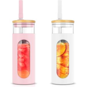 imageTronco 22oz Glass Tumbler with Bamboo Lid and Straw Reusable Iced Coffee Cup for Boba Tea Smoothies ampamp Cold Drinks SpillProof Glass Cup with Silicone Sleeve Dishwasher Safe BPAFree Pack of 1WhitePink