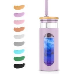 imageTronco 22oz Glass Tumbler with Bamboo Lid and Straw Reusable Iced Coffee Cup for Boba Tea Smoothies ampamp Cold Drinks SpillProof Glass Cup with Silicone Sleeve Dishwasher Safe BPAFree Pack of 1Purple
