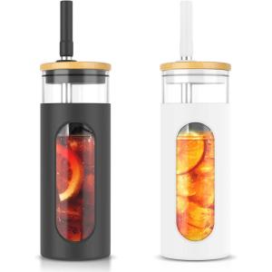 imageTronco 22oz Glass Tumbler with Bamboo Lid and Straw Reusable Iced Coffee Cup for Boba Tea Smoothies ampamp Cold Drinks SpillProof Glass Cup with Silicone Sleeve Dishwasher Safe BPAFree Pack of 1BlackWhite