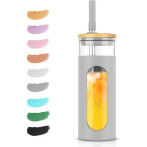 imageTronco 22oz Glass Tumbler with Bamboo Lid and Straw Reusable Iced Coffee Cup for Boba Tea Smoothies ampamp Cold Drinks SpillProof Glass Cup with Silicone Sleeve Dishwasher Safe BPAFree Pack of 1Gray