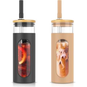 imageTronco 22oz Glass Tumbler with Bamboo Lid and Straw Reusable Iced Coffee Cup for Boba Tea Smoothies ampamp Cold Drinks SpillProof Glass Cup with Silicone Sleeve Dishwasher Safe BPAFree Pack of 1AmberBlack