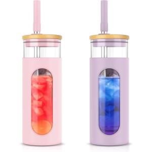 imageTronco 22oz Glass Tumbler with Bamboo Lid and Straw Reusable Iced Coffee Cup for Boba Tea Smoothies ampamp Cold Drinks SpillProof Glass Cup with Silicone Sleeve Dishwasher Safe BPAFree Pack of 1PinkPurple