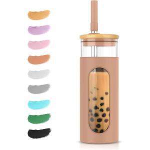 imageTronco 22oz Glass Tumbler with Bamboo Lid and Straw Reusable Iced Coffee Cup for Boba Tea Smoothies ampamp Cold Drinks SpillProof Glass Cup with Silicone Sleeve Dishwasher Safe BPAFree Pack of 1Coffee