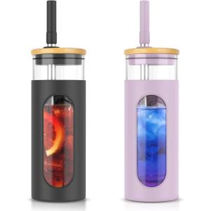 imageTronco 22oz Glass Tumbler with Bamboo Lid and Straw Reusable Iced Coffee Cup for Boba Tea Smoothies ampamp Cold Drinks SpillProof Glass Cup with Silicone Sleeve Dishwasher Safe BPAFree Pack of 1BlackPurple