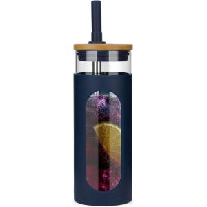 imageTronco 22oz Glass Tumbler with Bamboo Lid and Straw Reusable Iced Coffee Cup for Boba Tea Smoothies ampamp Cold Drinks SpillProof Glass Cup with Silicone Sleeve Dishwasher Safe BPAFree Pack of 1Denim Blue