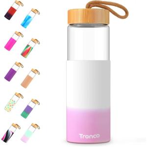 imageTronco 24oz Glass Water Bottles with Bamboo Lid ampamp Silicone Sleeve Leak Proof BPA Free Reusable Borosilicate Glass Bottles for Juicing Smoothies Juice ampamp Water for Men ampamp Women Gym Office TravelWhite pink