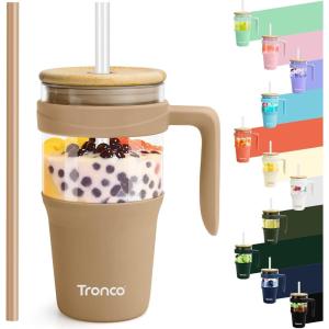 imageTronco 40 oz Glass Tumbler with Handle Bamboo Lid and Straw Fits Cup Holders Reusable Glass Water Bottles for Iced Coffee and Smoothie LeadFree BPAFreeKhakiBamboo