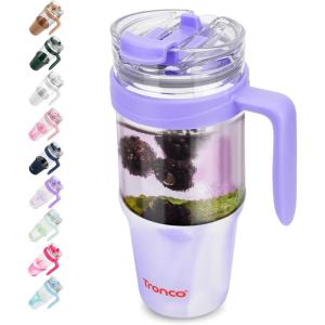 imageTronco 40 oz Glass Tumbler with Handle Bamboo Lid and Straw Fits Cup Holders Reusable Glass Water Bottles for Iced Coffee and Smoothie LeadFree BPAFreeMixedPurple