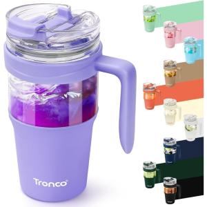 imageTronco 40 oz Glass Tumbler with Handle Bamboo Lid and Straw Fits Cup Holders Reusable Glass Water Bottles for Iced Coffee and Smoothie LeadFree BPAFreePurple