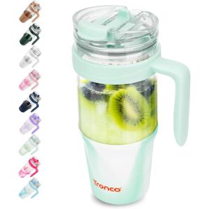 imageTronco 40 oz Glass Tumbler with Handle Bamboo Lid and Straw Fits Cup Holders Reusable Glass Water Bottles for Iced Coffee and Smoothie LeadFree BPAFreeMixedLight Green