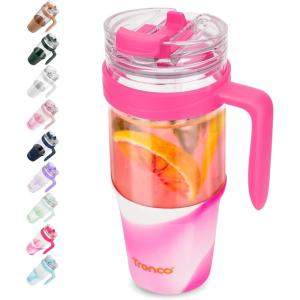 imageTronco 40 oz Glass Tumbler with Handle Bamboo Lid and Straw Fits Cup Holders Reusable Glass Water Bottles for Iced Coffee and Smoothie LeadFree BPAFreeMixedRosy Red