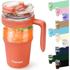 imageTronco 40 oz Glass Tumbler with Handle Bamboo Lid and Straw Fits Cup Holders Reusable Glass Water Bottles for Iced Coffee and Smoothie LeadFree BPAFreeCoral Orange