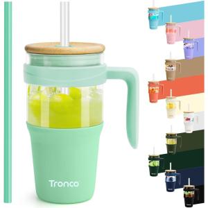 imageTronco 40 oz Glass Tumbler with Handle Bamboo Lid and Straw Fits Cup Holders Reusable Glass Water Bottles for Iced Coffee and Smoothie LeadFree BPAFreeLight GreenBamboo