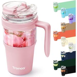 imageTronco 40 oz Glass Tumbler with Handle Bamboo Lid and Straw Fits Cup Holders Reusable Glass Water Bottles for Iced Coffee and Smoothie LeadFree BPAFreePink