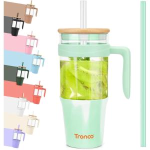 imageTronco 40 oz Glass Tumbler with Handle Bamboo Lid and Straw Fits Cup Holders Reusable Glass Water Bottles for Iced Coffee and Smoothie LeadFree BPAFreeMixedLight GreenBamboo