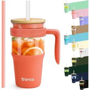 imageTronco 40 oz Glass Tumbler with Handle Bamboo Lid and Straw Fits Cup Holders Reusable Glass Water Bottles for Iced Coffee and Smoothie LeadFree BPAFreeCoral OrangeBamboo