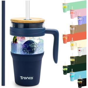 imageTronco 40 oz Glass Tumbler with Handle Bamboo Lid and Straw Fits Cup Holders Reusable Glass Water Bottles for Iced Coffee and Smoothie LeadFree BPAFreeNavy BlueBamboo