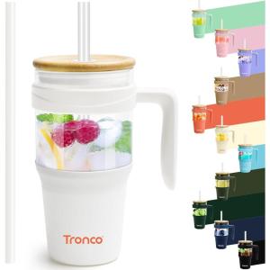imageTronco 40 oz Glass Tumbler with Handle Bamboo Lid and Straw Fits Cup Holders Reusable Glass Water Bottles for Iced Coffee and Smoothie LeadFree BPAFreeWhiteBamboo