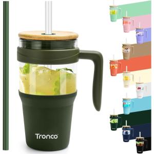 imageTronco 40 oz Glass Tumbler with Handle Bamboo Lid and Straw Fits Cup Holders Reusable Glass Water Bottles for Iced Coffee and Smoothie LeadFree BPAFreeOliveBamboo