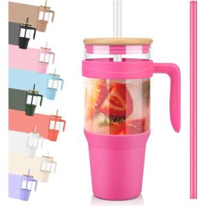 imageTronco 40 oz Glass Tumbler with Handle Bamboo Lid and Straw Fits Cup Holders Reusable Glass Water Bottles for Iced Coffee and Smoothie LeadFree BPAFreeHot PinkBamboo