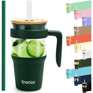 imageTronco 40 oz Glass Tumbler with Handle Bamboo Lid and Straw Fits Cup Holders Reusable Glass Water Bottles for Iced Coffee and Smoothie LeadFree BPAFreeGreenBamboo