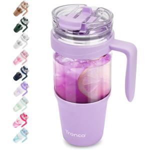 imageTronco 40 oz Glass Tumbler with Handle Bamboo Lid and Straw Fits Cup Holders Reusable Glass Water Bottles for Iced Coffee and Smoothie LeadFree BPAFreeLight Purple