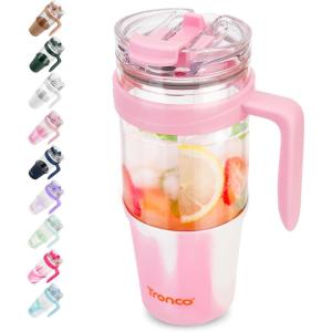 imageTronco 40 oz Glass Tumbler with Handle Bamboo Lid and Straw Fits Cup Holders Reusable Glass Water Bottles for Iced Coffee and Smoothie LeadFree BPAFreeMixedPink