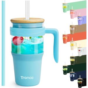 imageTronco 40 oz Glass Tumbler with Handle Bamboo Lid and Straw Fits Cup Holders Reusable Glass Water Bottles for Iced Coffee and Smoothie LeadFree BPAFreeskyblueBamboo