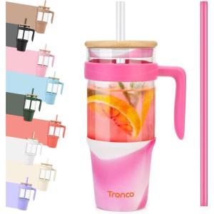 imageTronco 40 oz Glass Tumbler with Handle Bamboo Lid and Straw Fits Cup Holders Reusable Glass Water Bottles for Iced Coffee and Smoothie LeadFree BPAFreeMixedRosy RedBamboo