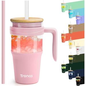 imageTronco 40 oz Glass Tumbler with Handle Bamboo Lid and Straw Fits Cup Holders Reusable Glass Water Bottles for Iced Coffee and Smoothie LeadFree BPAFreePinkBamboo