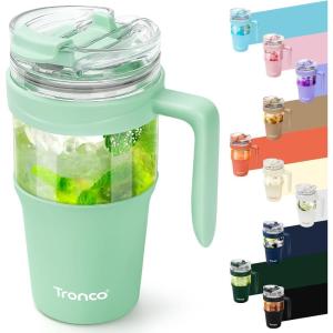 imageTronco 40 oz Glass Tumbler with Handle Bamboo Lid and Straw Fits Cup Holders Reusable Glass Water Bottles for Iced Coffee and Smoothie LeadFree BPAFreeLight Green