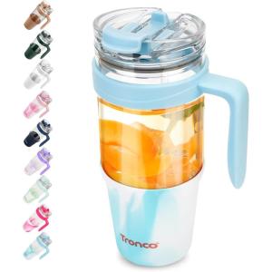 imageTronco 40 oz Glass Tumbler with Handle Bamboo Lid and Straw Fits Cup Holders Reusable Glass Water Bottles for Iced Coffee and Smoothie LeadFree BPAFreeMixedSkyblue