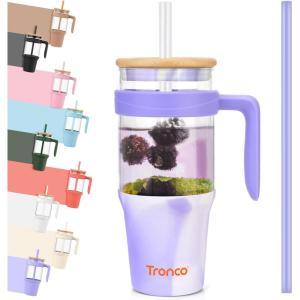 imageTronco 40 oz Glass Tumbler with Handle Bamboo Lid and Straw Fits Cup Holders Reusable Glass Water Bottles for Iced Coffee and Smoothie LeadFree BPAFreeMixedPurpleBamboo