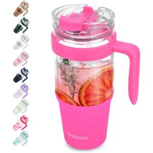 imageTronco 40 oz Glass Tumbler with Handle Bamboo Lid and Straw Fits Cup Holders Reusable Glass Water Bottles for Iced Coffee and Smoothie LeadFree BPAFreeHot Pink