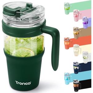 imageTronco 40 oz Glass Tumbler with Handle Bamboo Lid and Straw Fits Cup Holders Reusable Glass Water Bottles for Iced Coffee and Smoothie LeadFree BPAFreeGreen