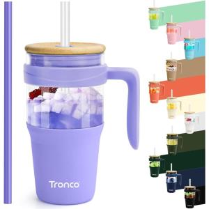 imageTronco 40 oz Glass Tumbler with Handle Bamboo Lid and Straw Fits Cup Holders Reusable Glass Water Bottles for Iced Coffee and Smoothie LeadFree BPAFreePurpleBamboo