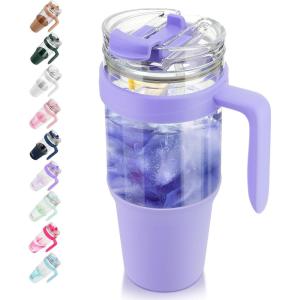 imageTronco 40 oz Glass Tumbler with Handle Bamboo Lid and Straw Fits Cup Holders Reusable Glass Water Bottles for Iced Coffee and Smoothie LeadFree BPAFreeLavender