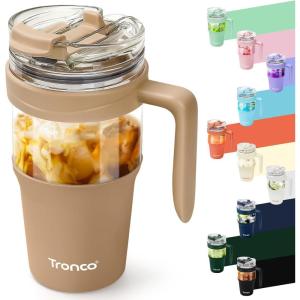 imageTronco 40 oz Glass Tumbler with Handle Bamboo Lid and Straw Fits Cup Holders Reusable Glass Water Bottles for Iced Coffee and Smoothie LeadFree BPAFreeKhaki