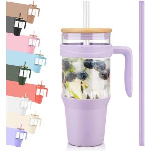 imageTronco 40 oz Glass Tumbler with Handle Bamboo Lid and Straw Fits Cup Holders Reusable Glass Water Bottles for Iced Coffee and Smoothie LeadFree BPAFreeLight PurpleBamboo