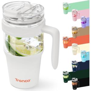 imageTronco 40 oz Glass Tumbler with Handle Bamboo Lid and Straw Fits Cup Holders Reusable Glass Water Bottles for Iced Coffee and Smoothie LeadFree BPAFreeWhite