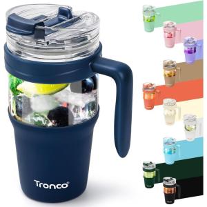 imageTronco 40 oz Glass Tumbler with Handle Bamboo Lid and Straw Fits Cup Holders Reusable Glass Water Bottles for Iced Coffee and Smoothie LeadFree BPAFreeNavy Blue